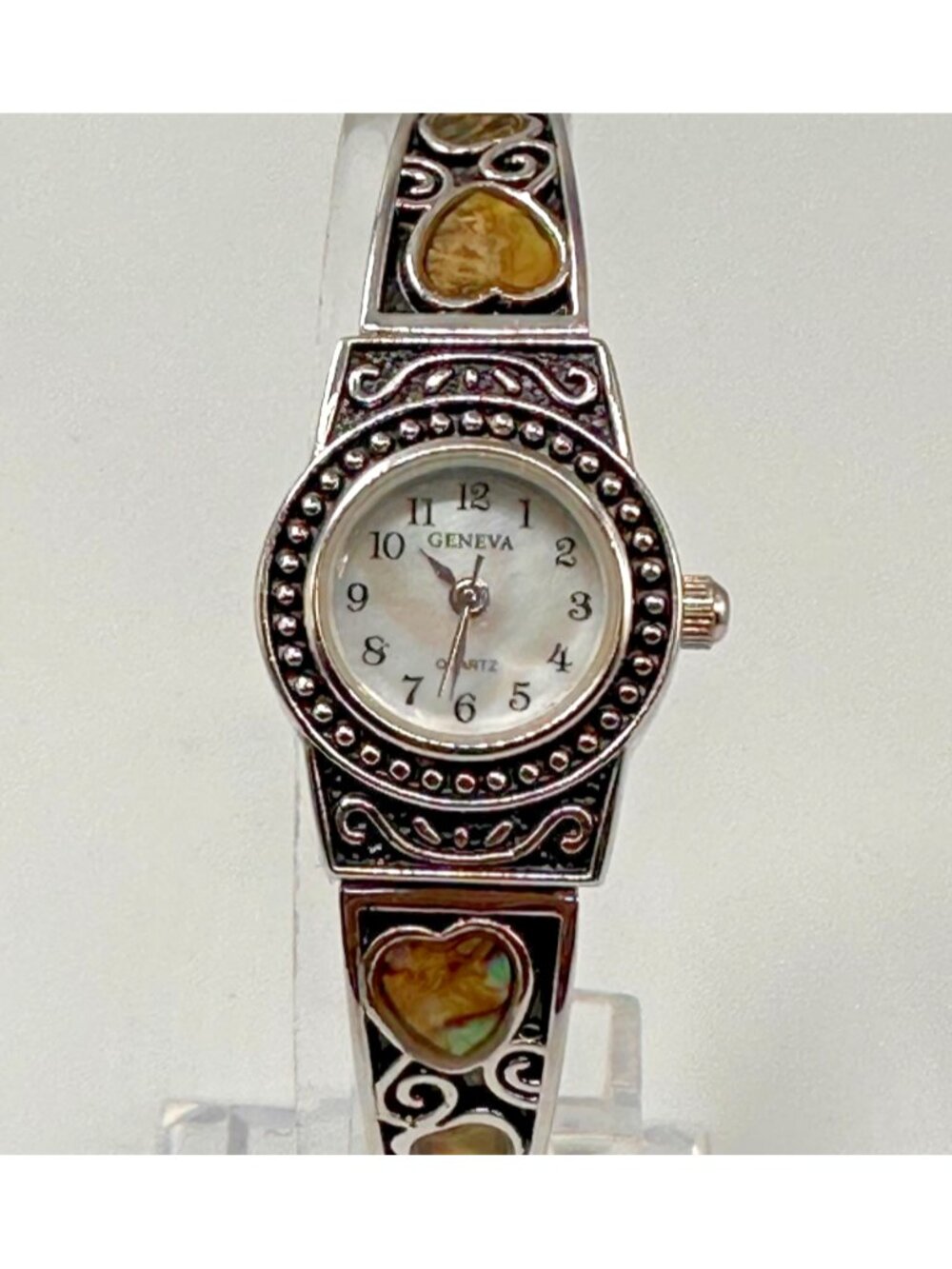 3/$30 Geneva Watch Women Silver Abalone Heart Stretch Band New Battery 6.75"